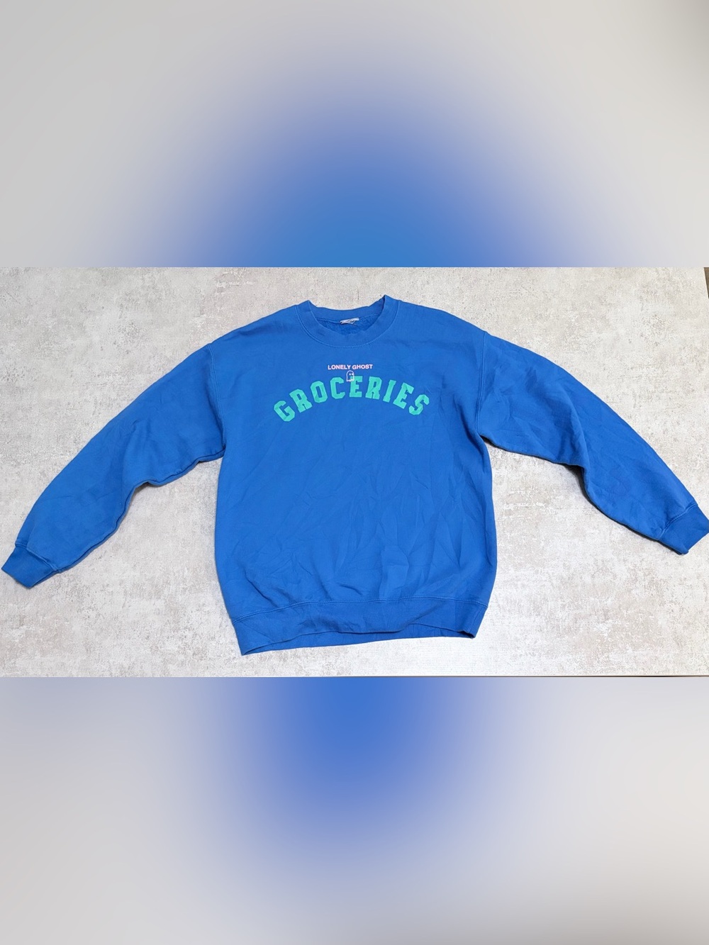 LONELY GHOST Blue Crewneck with Green GROCERIES Print